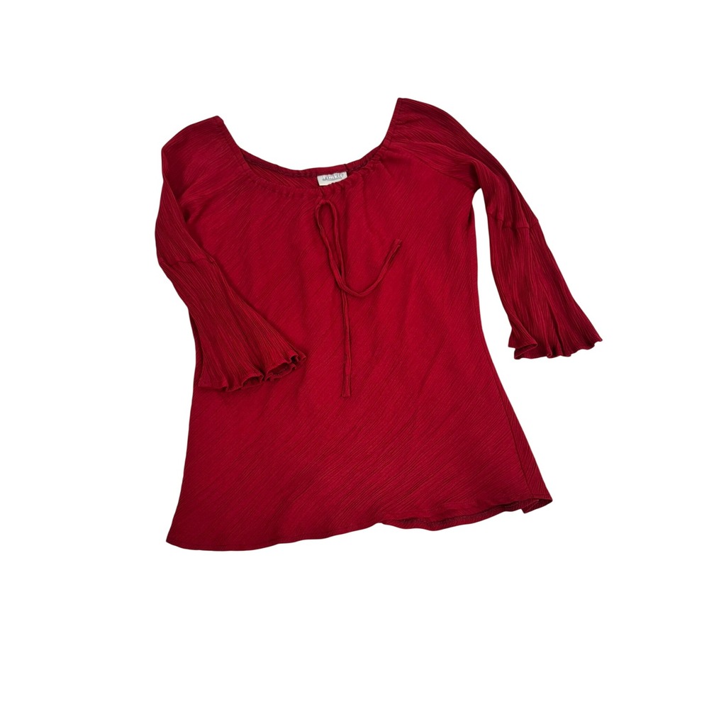 Vintage 90s Pimkie Red Plisse Pleated Bell Sleeve Tie Neck Top XS Y2K Retro